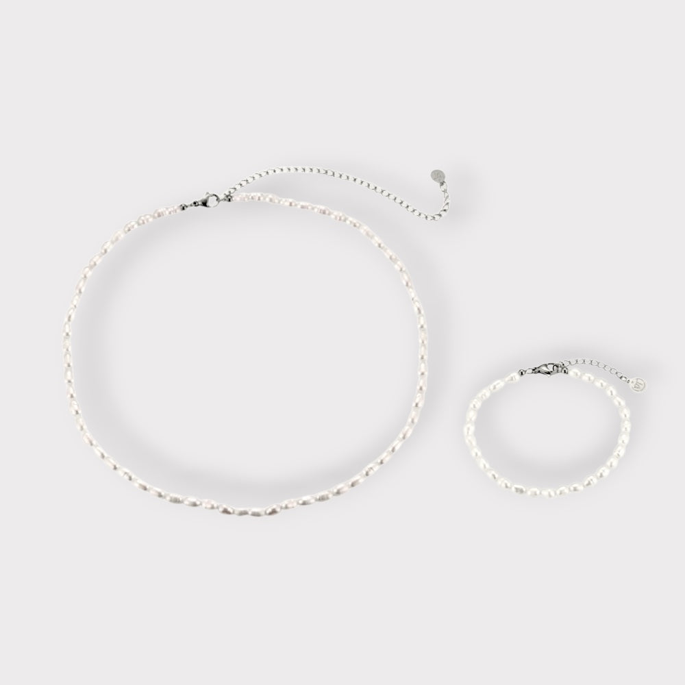 Simple Pearl Halskæde & Armbånd - Sølv