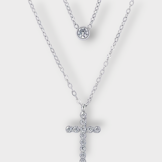 Layered Cross Halskæde med Krystalvedhæng - Guldbelagt & Vandfast