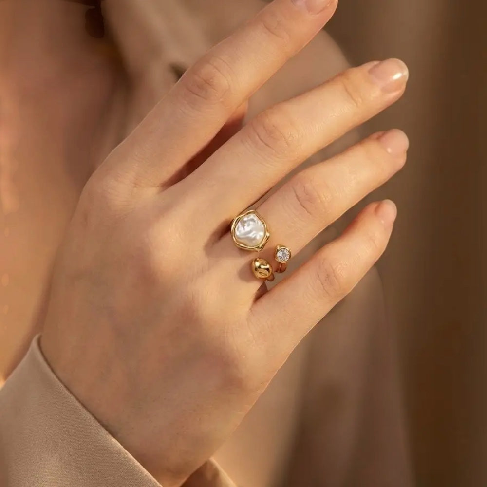 Perla Organic Ring-Guldbelagt, Zirkonia sten,Justerbar& Vandfast