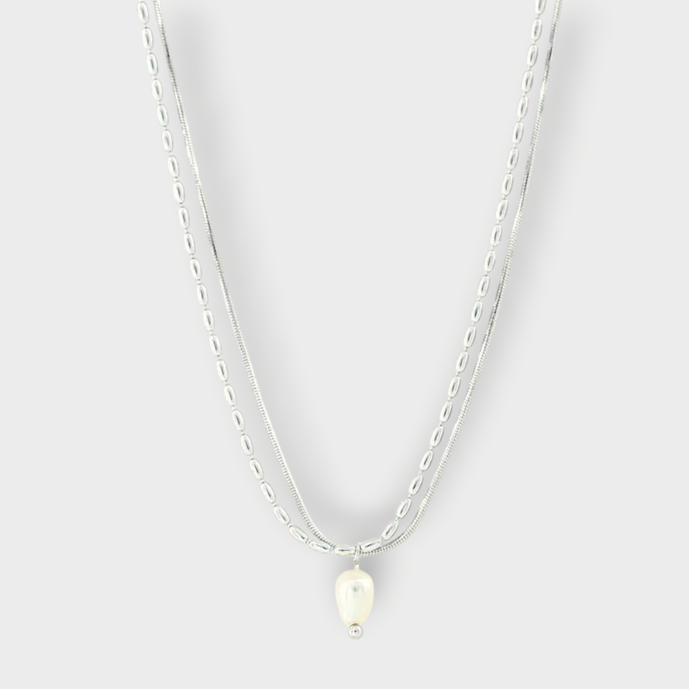 Klassisk Dobbelt Halskæde m. Ferskvandsperle - Guldbelagt & Vandfast