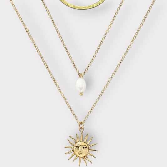 Trelags Halskæde Med Perle Og Solvedhæng-Guldbelagt & Vandfast