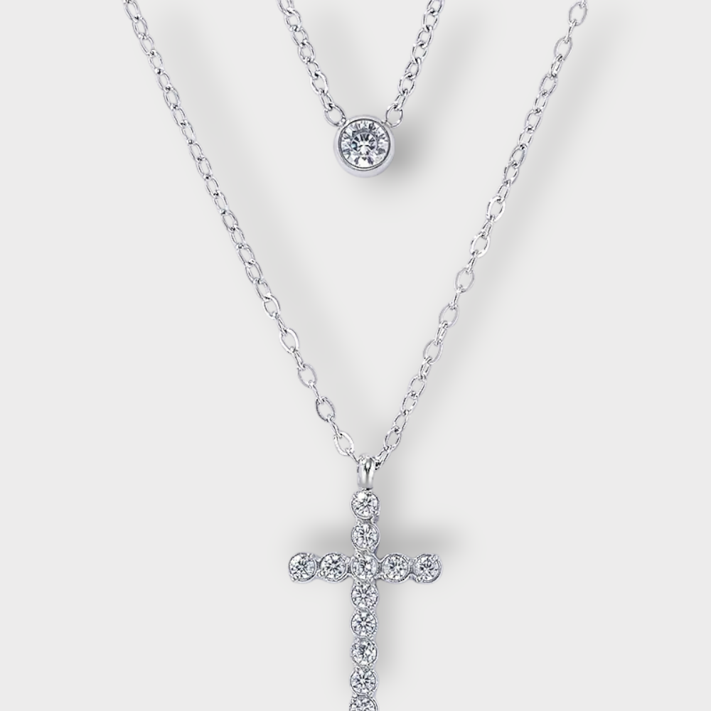 Layered Cross Halskæde med Krystalvedhæng - Guldbelagt & Vandfast