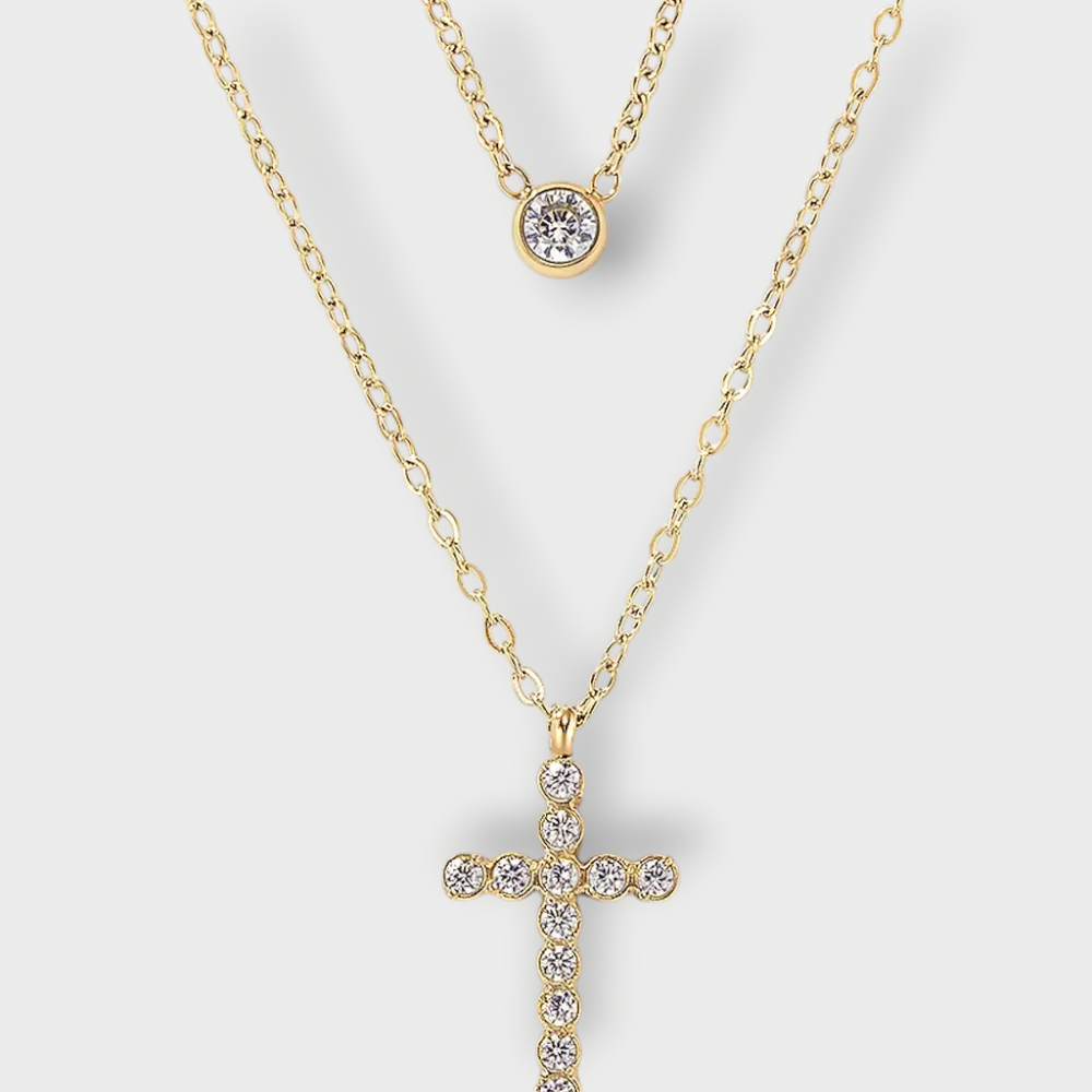 Layered Cross Halskæde med Krystalvedhæng - Guldbelagt & Vandfast