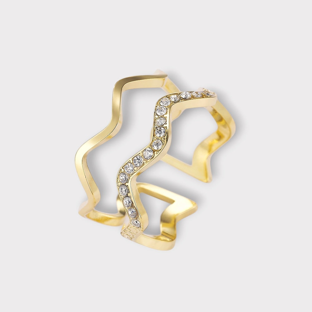 Krystal Vea Wave Ring - Guldbelagt, Zirkonia sten,Justerbar& Vandfast
