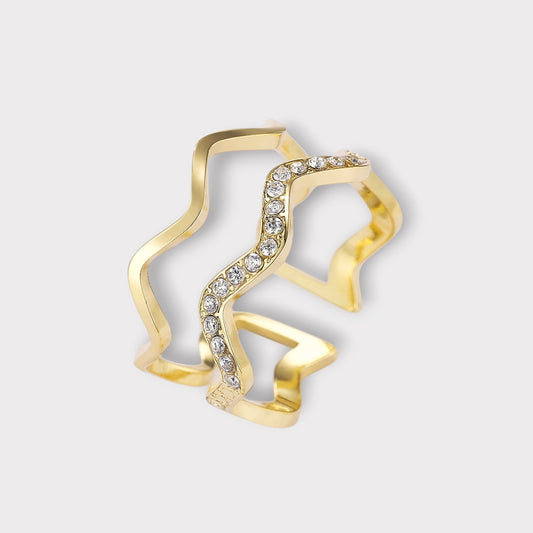 Krystal Vea Wave Ring - Guldbelagt, Zirkonia sten,Justerbar& Vandfast